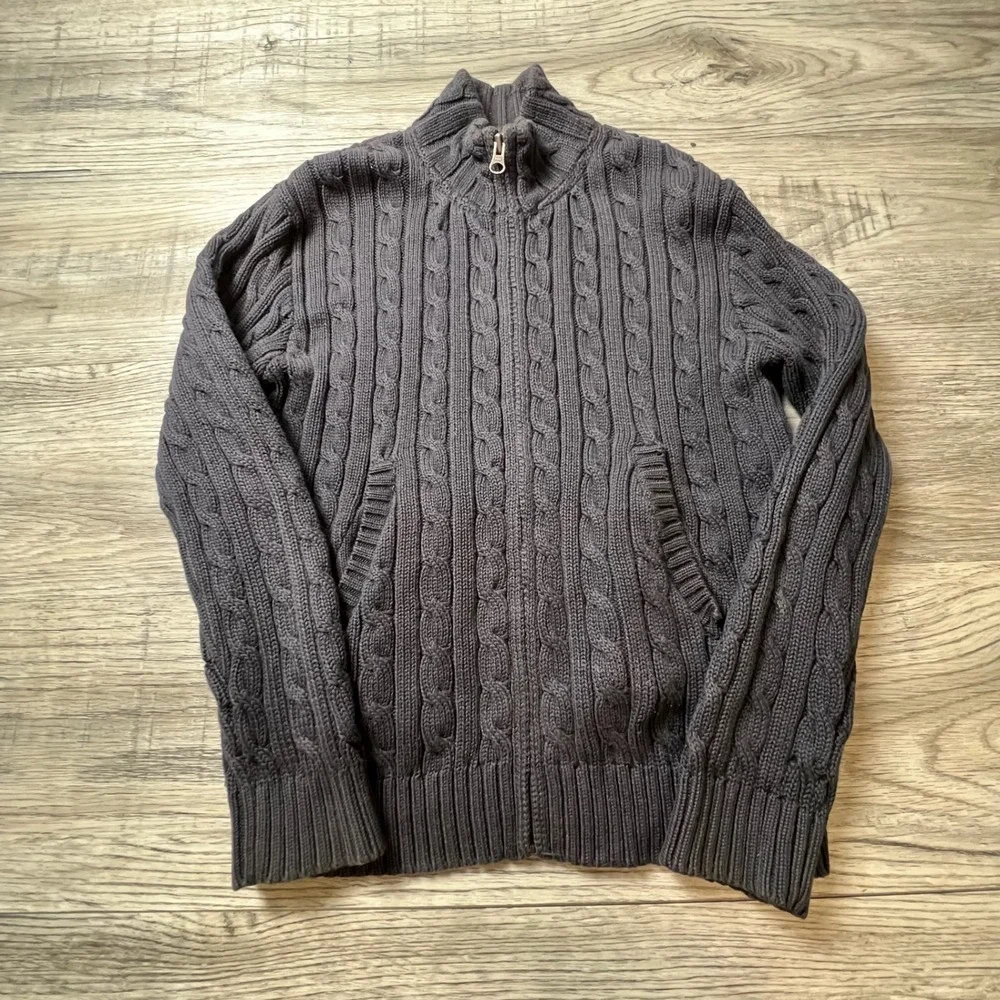 LL Bean Cardigan Sweater Girls M 10/12 Gray Cable Knit Full Zip Mock‎ Neck AE39